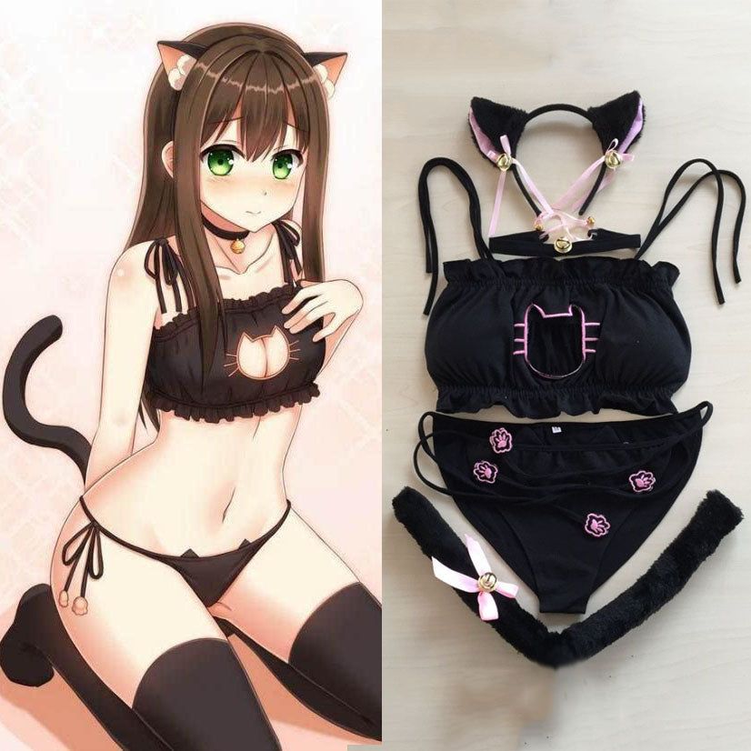 Maid Cat Cosplay Sexy Lingerie Anime Miku Ruffle Hollow Kawaii Bra Strappy Briefs Set Neko Embroidery Footprints Ear/Choker