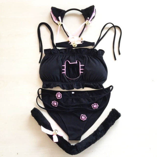 Maid Cat Cosplay Sexy Lingerie Anime Miku Ruffle Hollow Kawaii Bra Strappy Briefs Set Neko Embroidery Footprints Ear/Choker