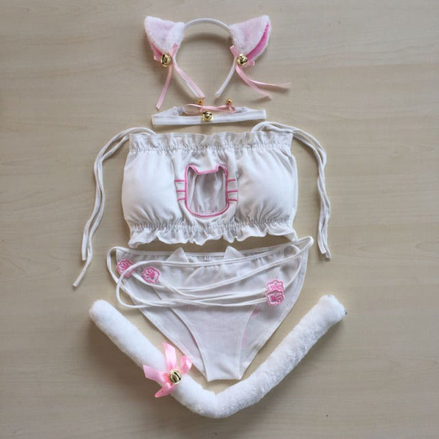 Maid Cat Cosplay Sexy Lingerie Anime Miku Ruffle Hollow Kawaii Bra Strappy Briefs Set Neko Embroidery Footprints Ear/Choker