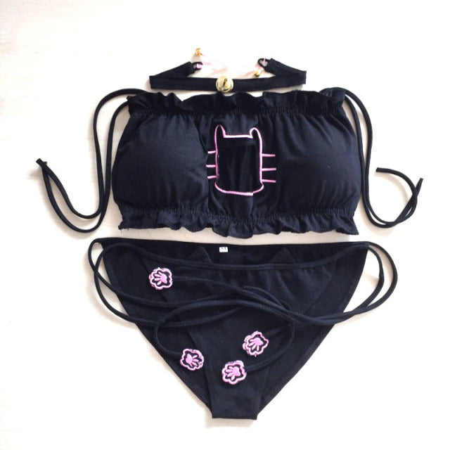 Maid Cat Cosplay Sexy Lingerie Anime Miku Ruffle Hollow Kawaii Bra Strappy Briefs Set Neko Embroidery Footprints Ear/Choker