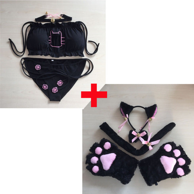 Maid Cat Cosplay Sexy Lingerie Anime Miku Ruffle Hollow Kawaii Bra Strappy Briefs Set Neko Embroidery Footprints Ear/Choker