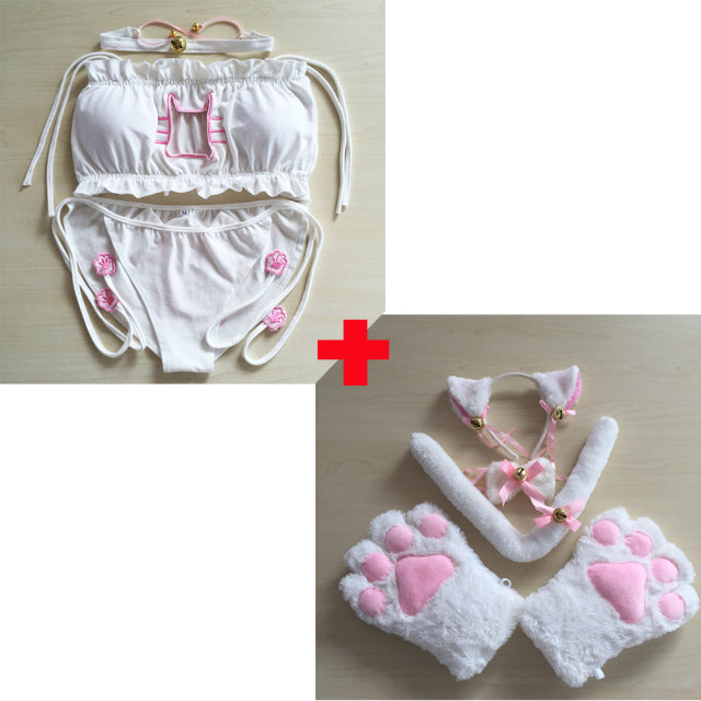 Maid Cat Cosplay Sexy Lingerie Anime Miku Ruffle Hollow Kawaii Bra Strappy Briefs Set Neko Embroidery Footprints Ear/Choker