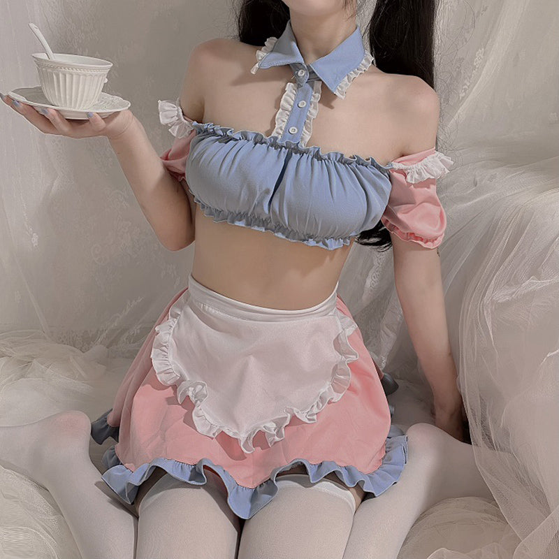 Women Erotic Lingerie Japanese Two-dimensional Maid Uniform Suit Sweet Pink Student Cosplay Costume Sexy Tassel Skirt