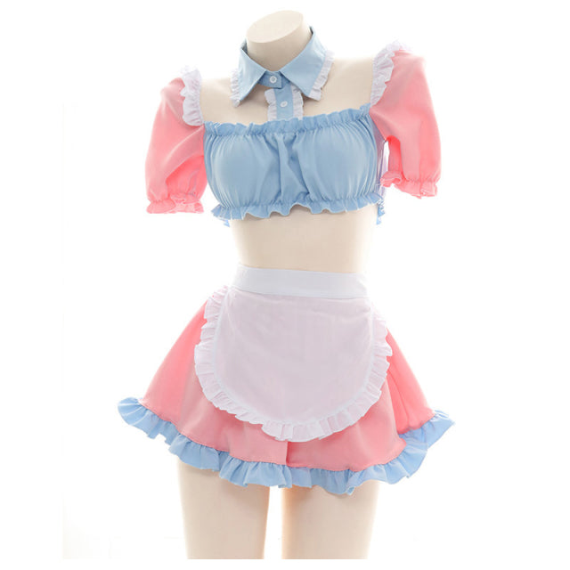 Women Erotic Lingerie Japanese Two-dimensional Maid Uniform Suit Sweet Pink Student Cosplay Costume Sexy Tassel Skirt