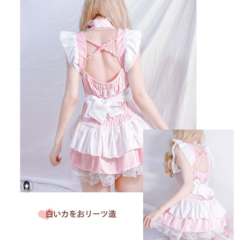 Lolita Cute Pink Ruffle Maid Outfit Japanese Girl Cosplay Sexy Costumes Daily Apron Uniform Skirt Set Kawaii Nightdress