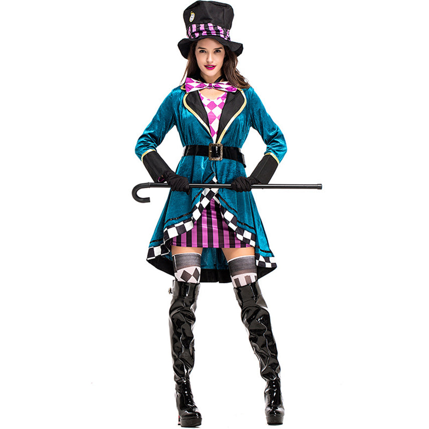 Alice in Wonderland Mad Hatter Costume for Adults Women Fantasias Magician Cosplay Halloween Carnival Party Magic Dress Purim