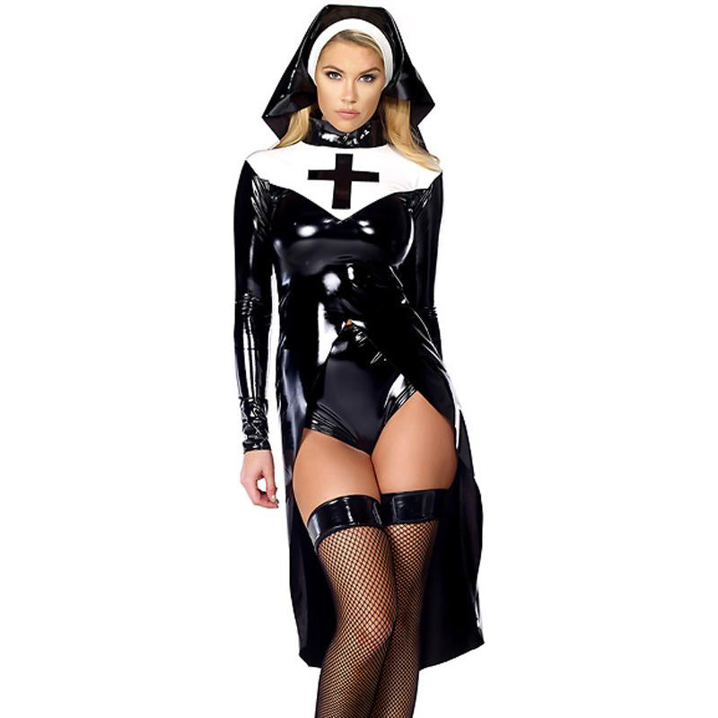 Gothic Saintlike Seductress Costume Black Woman Uniform Halloween Carnival Virgin Mary Nuns Costume Sister Cosplay Costume