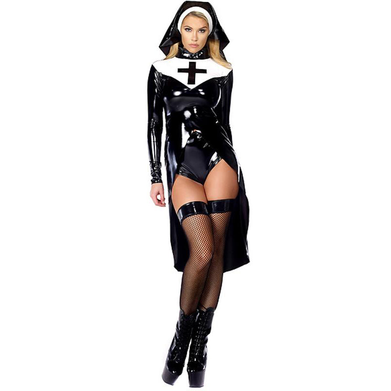Gothic Saintlike Seductress Costume Black Woman Uniform Halloween Carnival Virgin Mary Nuns Costume Sister Cosplay Costume