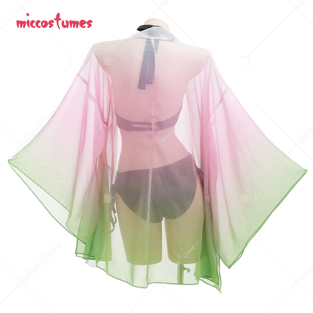 Kanroji Mitsuri Gradient Color Printing Kimono Haori Cover Up and Inner Bikini Fullset Cosplay Costume Swimwear Bathing suit
