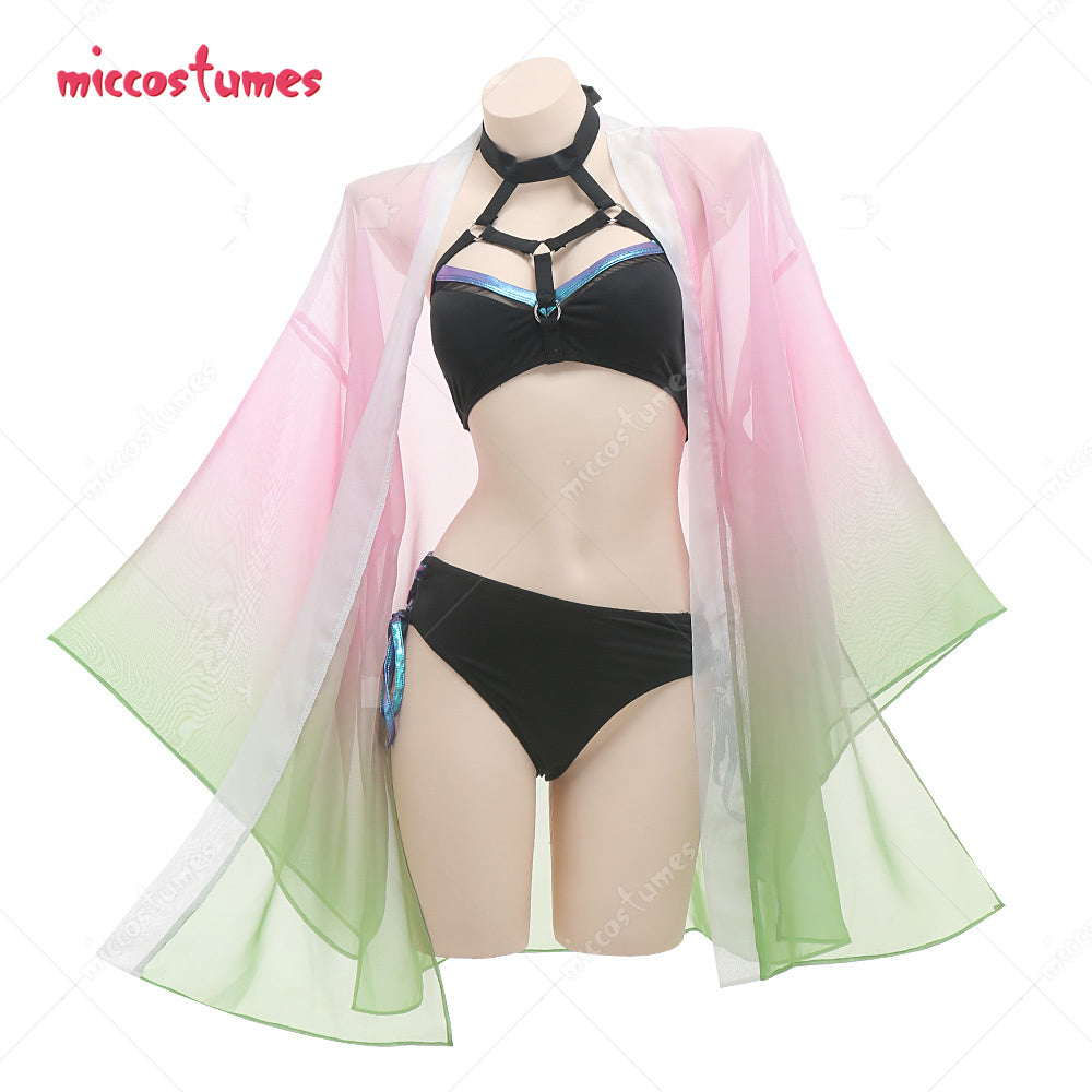 Kanroji Mitsuri Gradient Color Printing Kimono Haori Cover Up and Inner Bikini Fullset Cosplay Costume Swimwear Bathing suit