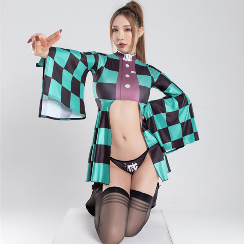 3Pcs/Set Anime Cosplay Demon Slayer Bodysuit Kamado Tanjirou Costumes Unisex Sexy Erotic Lingeire Suit Tops+Underpants+Socks