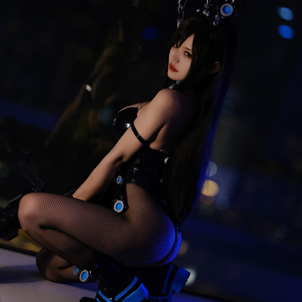 Reika Shimohira Bunny Girl Sexy Jumpsuit Black Leather Zentai Bodysuit Full Set Cosplay Costume with Rabbit Ears and Pantyhose