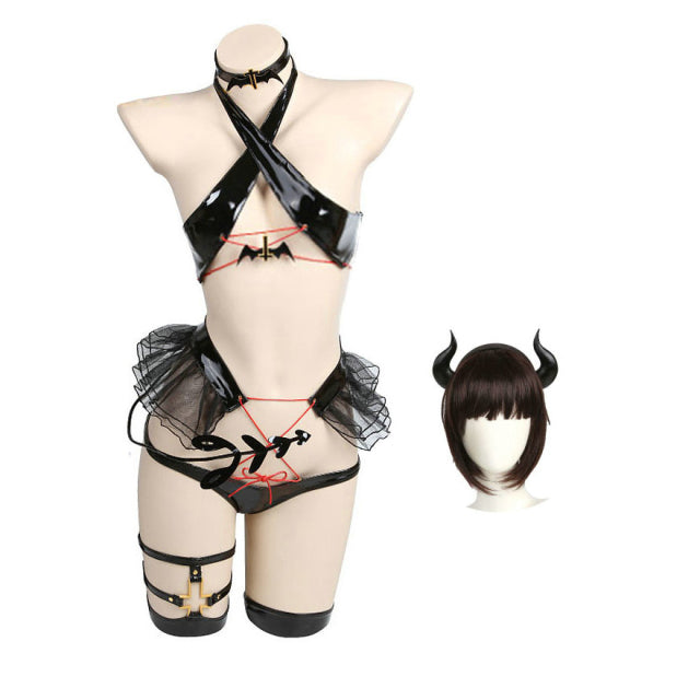 Dark Style Bound Devil Bikini Set Lingeries Costume Outfit with Chokers Horn Stockings