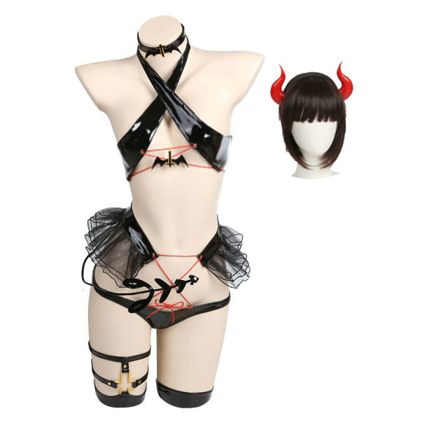 Dark Style Bound Devil Bikini Set Lingeries Costume Outfit with Chokers Horn Stockings