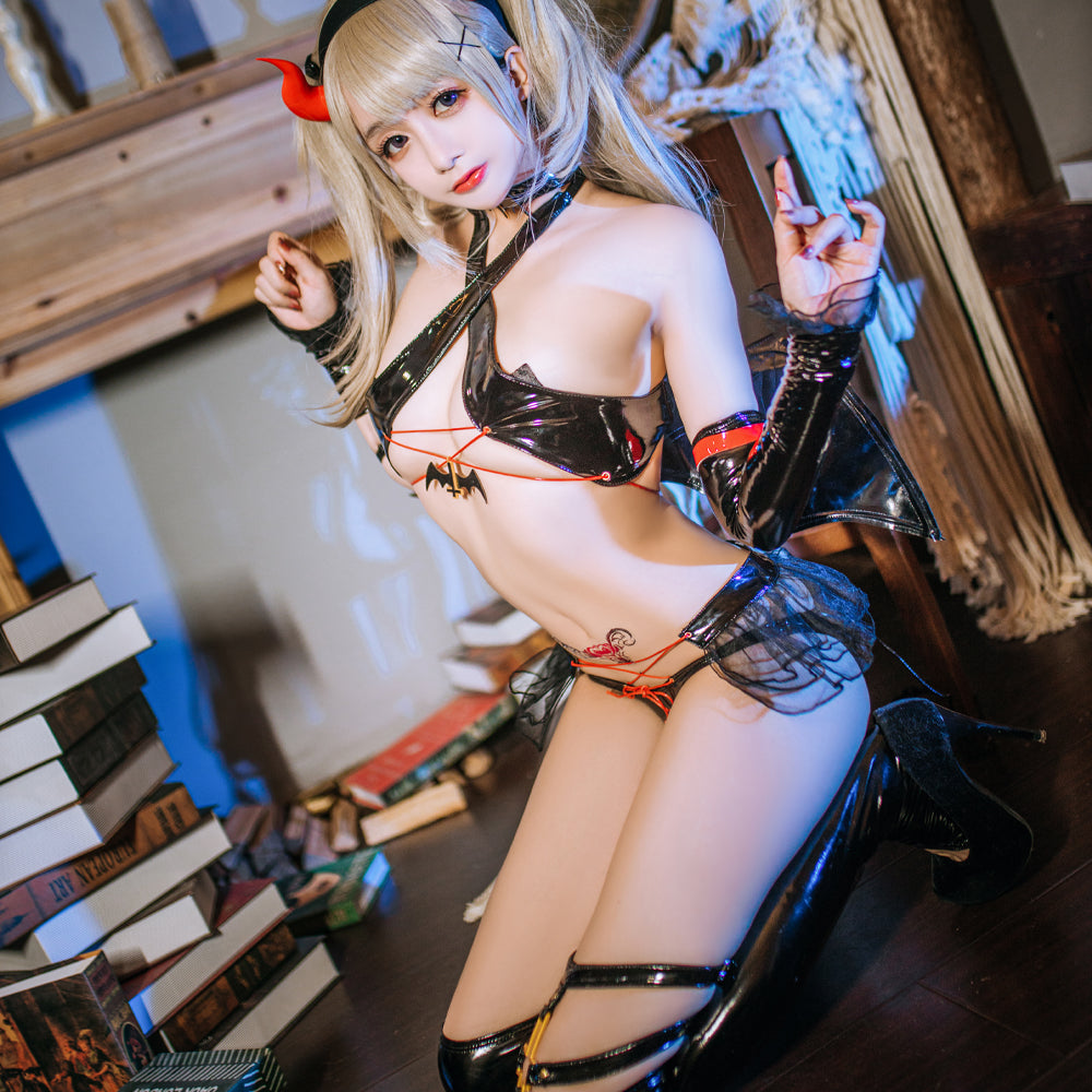 Dark Style Bound Devil Bikini Set Lingeries Costume Outfit with Chokers Horn Stockings