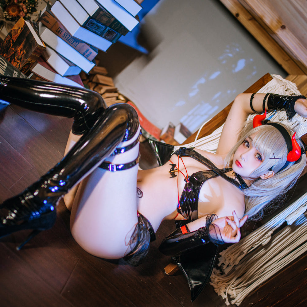 Dark Style Bound Devil Bikini Set Lingeries Costume Outfit with Chokers Horn Stockings