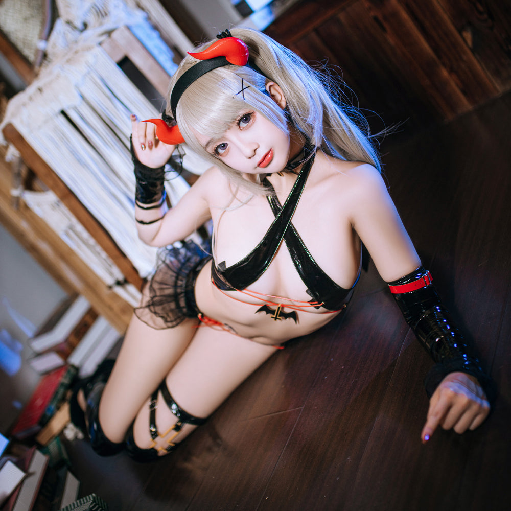 Dark Style Bound Devil Bikini Set Lingeries Costume Outfit with Chokers Horn Stockings