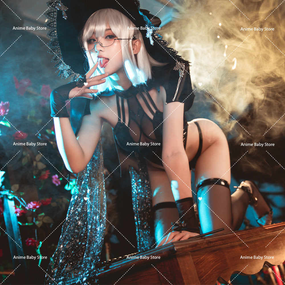 Woman Witch Rally Dark Style Bodysuit Set Lingeries Costume Outfit with Headdress Cloaks Gloves Stockings