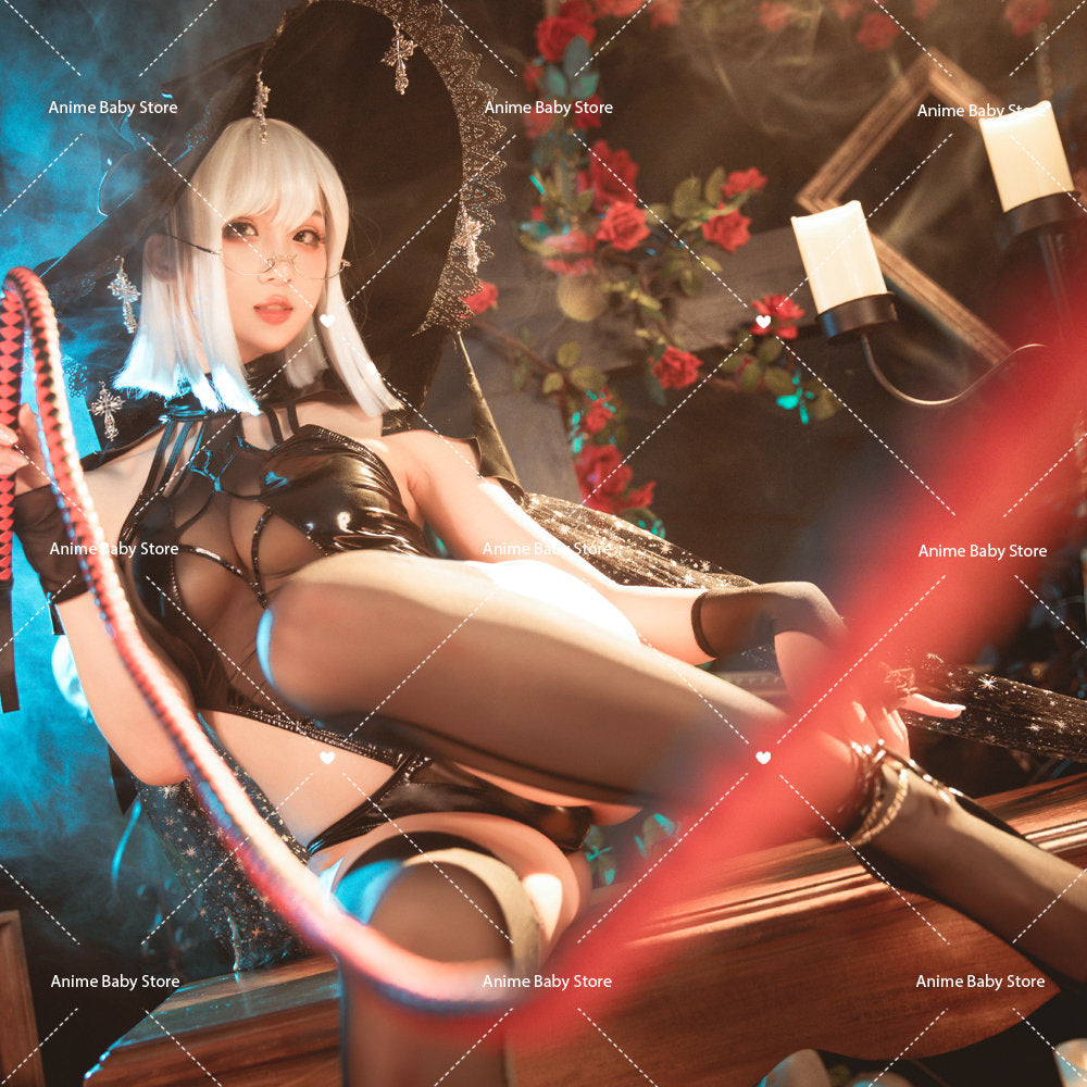 Woman Witch Rally Dark Style Bodysuit Set Lingeries Costume Outfit with Headdress Cloaks Gloves Stockings