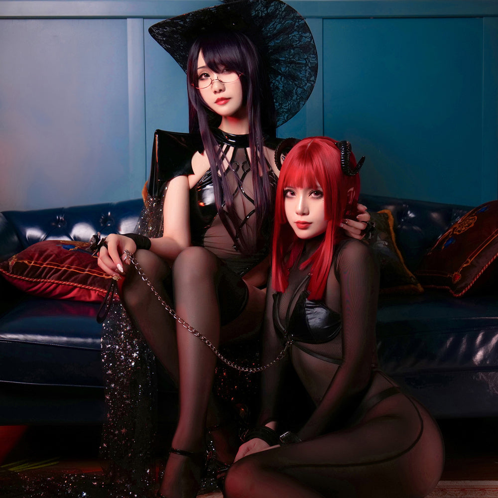 Woman Witch Rally Dark Style Bodysuit Set Lingeries Costume Outfit with Headdress Cloaks Gloves Stockings