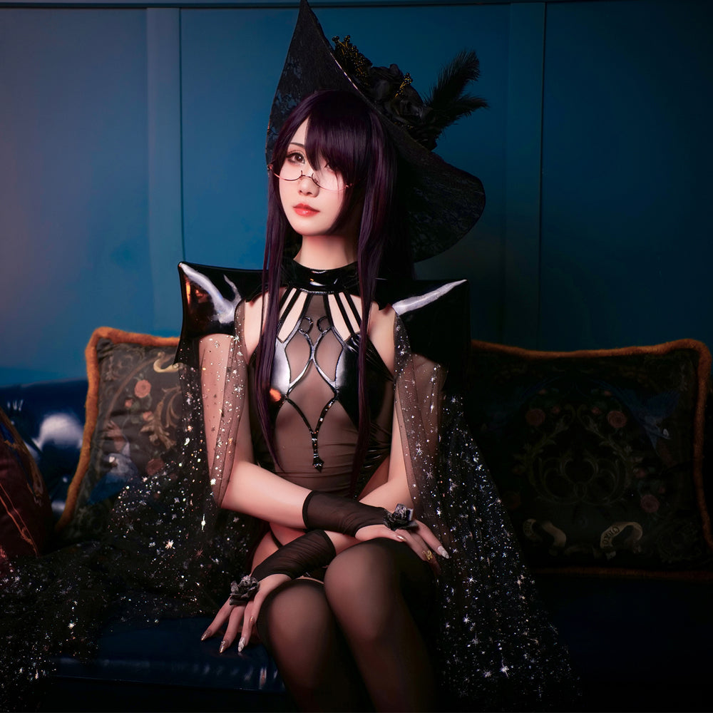 Woman Witch Rally Dark Style Bodysuit Set Lingeries Costume Outfit with Headdress Cloaks Gloves Stockings