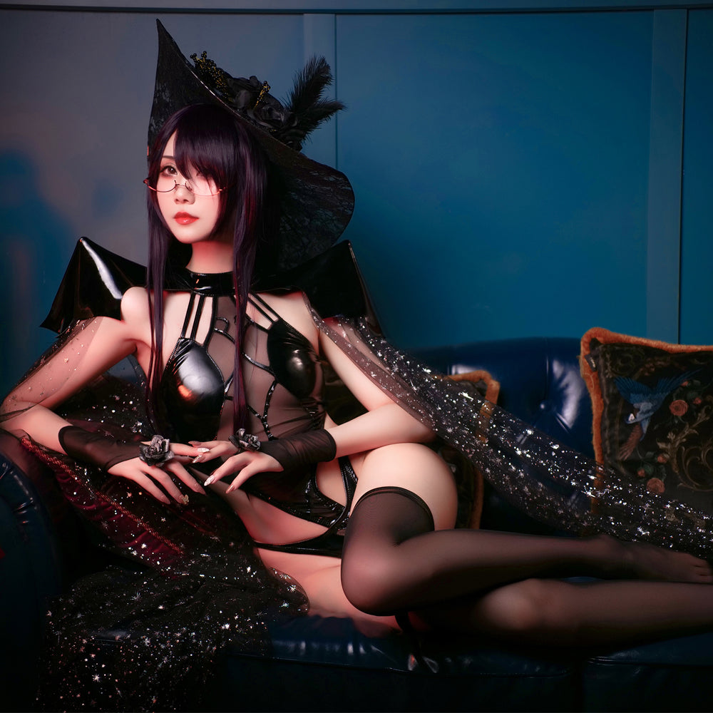 Woman Witch Rally Dark Style Bodysuit Set Lingeries Costume Outfit with Headdress Cloaks Gloves Stockings