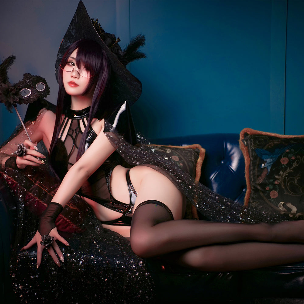 Woman Witch Rally Dark Style Bodysuit Set Lingeries Costume Outfit with Headdress Cloaks Gloves Stockings