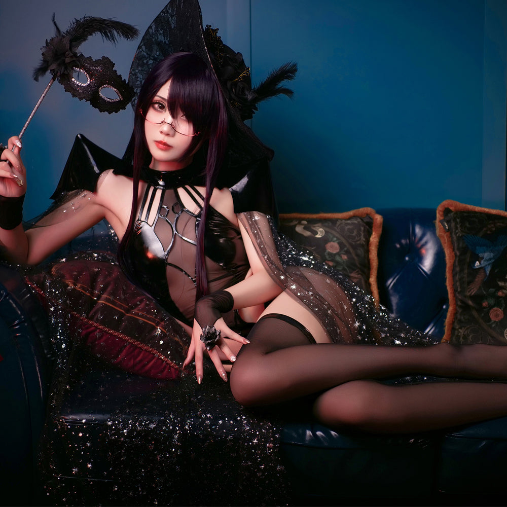 Woman Witch Rally Dark Style Bodysuit Set Lingeries Costume Outfit with Headdress Cloaks Gloves Stockings