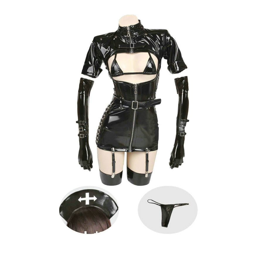 Sexy Dark Reign Nurse Cosplay Costume Leather Dress Leotard Elastic Clack Hot Anime Cosplay Full Set