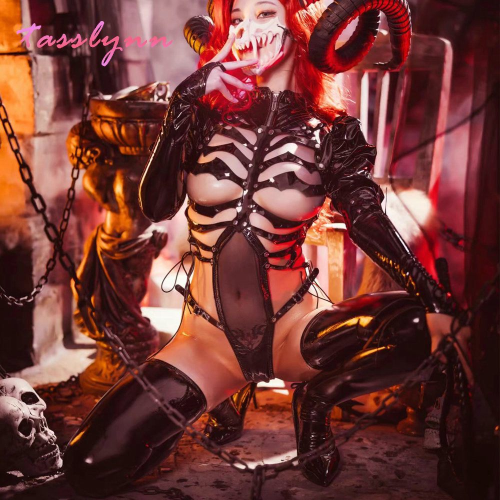 Sexy Dark Reign Imperial Skeleton Maid Cosplay Leather Leotard Clothing Set Hot Patent Original Designer Halloween Costume Women