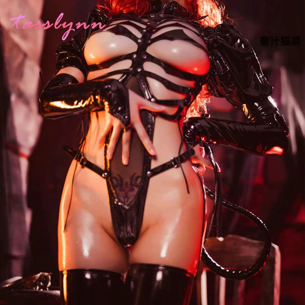 Sexy Dark Reign Imperial Skeleton Maid Cosplay Leather Leotard Clothing Set Hot Patent Original Designer Halloween Costume Women