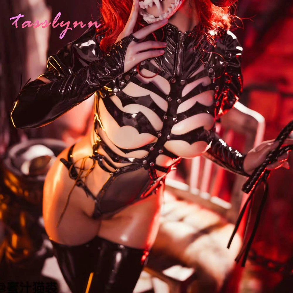 Sexy Dark Reign Imperial Skeleton Maid Cosplay Leather Leotard Clothing Set Hot Patent Original Designer Halloween Costume Women