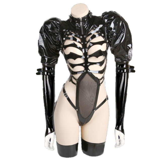 Sexy Dark Reign Imperial Skeleton Maid Cosplay Leather Leotard Clothing Set Hot Patent Original Designer Halloween Costume Women