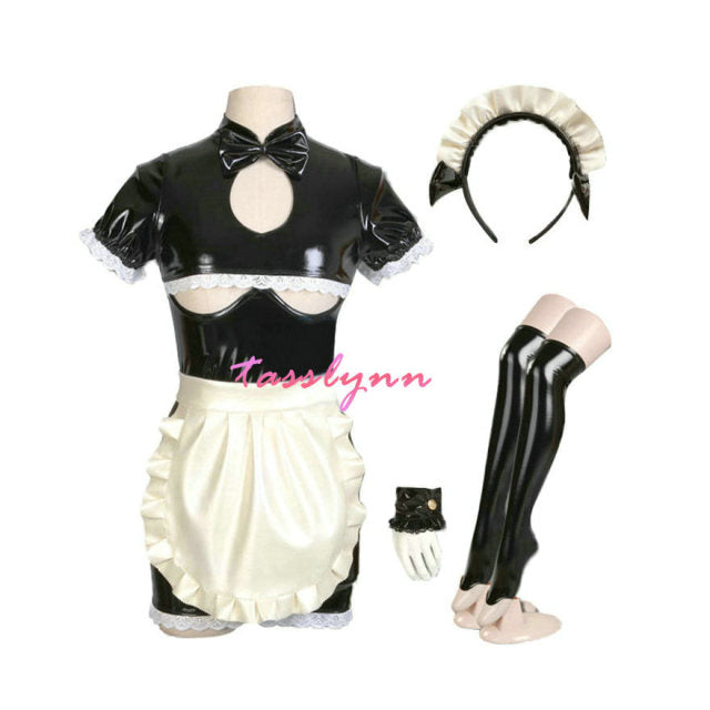 Cos South Semispheres Cosplay Costume Leather Clothing Set Lacquer Coat Latexsuit Black Dress for Sexy Girls