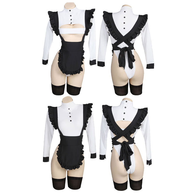 Woman Dark Style High-Slit Maid Dress Set Lingeries Costume Outfit with Headdress Stockings for Geek Girls Dress