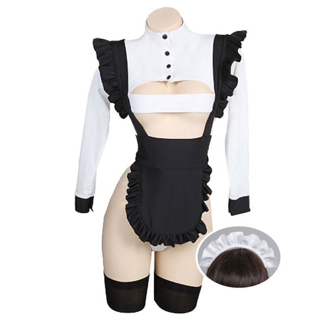 Woman Dark Style High-Slit Maid Dress Set Lingeries Costume Outfit with Headdress Stockings for Geek Girls Dress