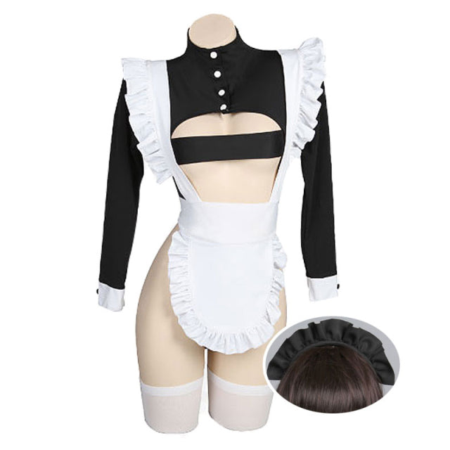 Woman Dark Style High-Slit Maid Dress Set Lingeries Costume Outfit with Headdress Stockings for Geek Girls Dress