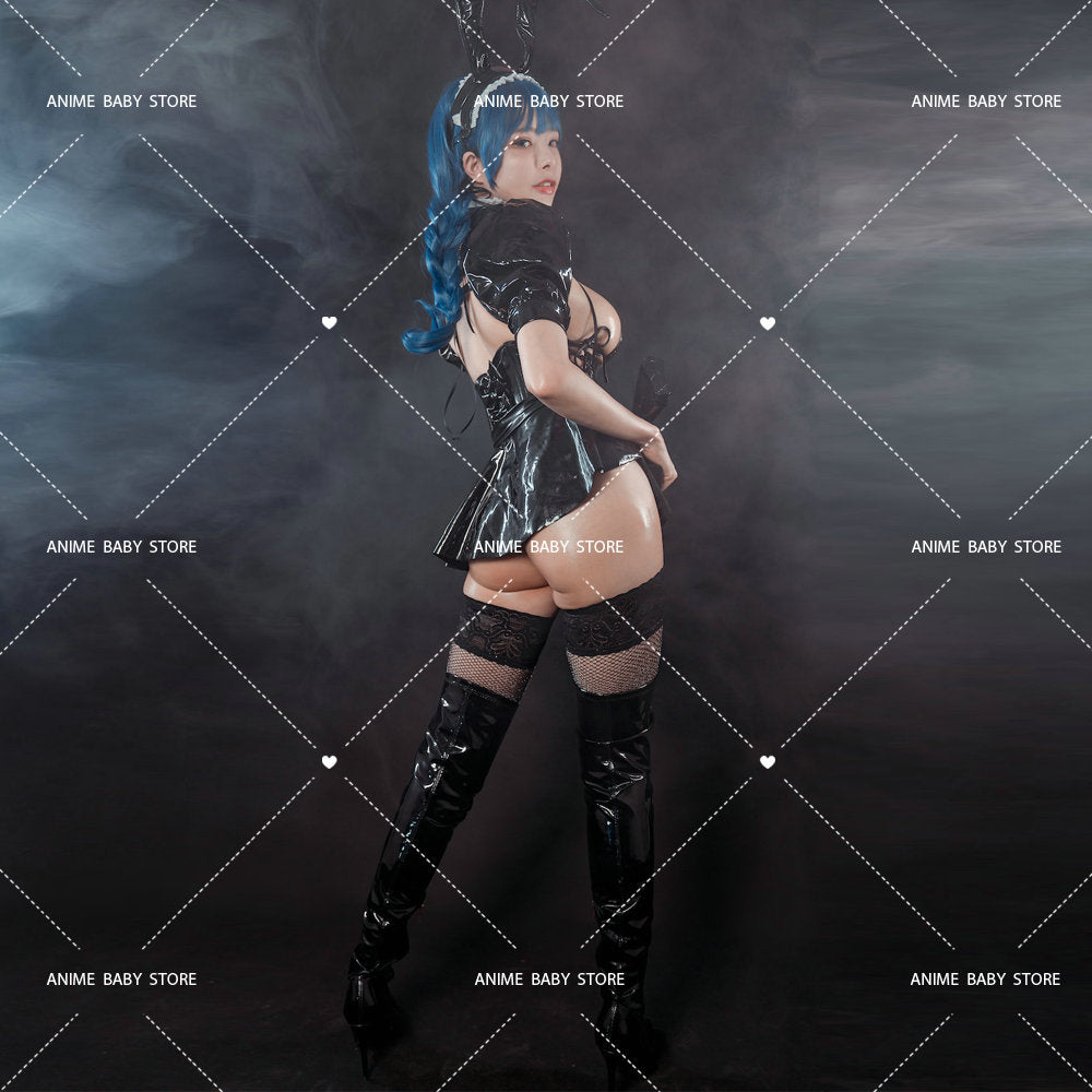 Dark Reign Maid Cosplay Costume Leather Leotard Elastic Bunny Girl Clothing Set Hot Anime Bishop Sleeve Dress for Geek Girls