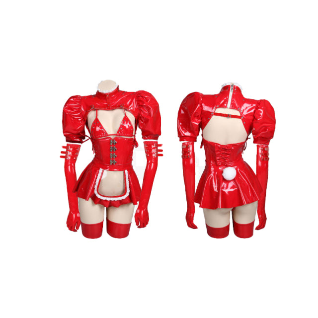 Dark Reign Maid Cosplay Costume Leather Leotard Elastic Bunny Girl Clothing Set Hot Anime Bishop Sleeve Dress for Geek Girls