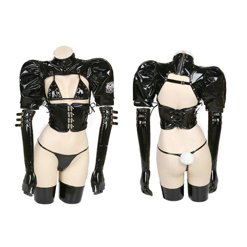 Dark Reign Maid Cosplay Costume Leather Leotard Elastic Bunny Girl Clothing Set Hot Anime Bishop Sleeve Dress for Geek Girls
