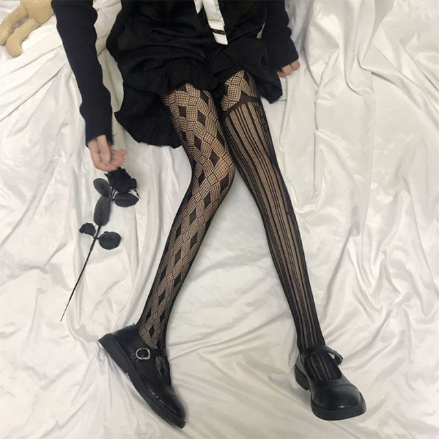 Lolita School Girl Floral Tights Fishnet Over Knee Stocking Long Adorable Anime Gothic Black White Kawaii Sexy Cosplay Costumes