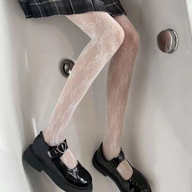 Lolita School Girl Floral Tights Fishnet Over Knee Stocking Long Adorable Anime Gothic Black White Kawaii Sexy Cosplay Costumes