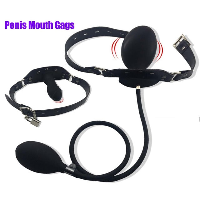 Inflatable Penis Gag Open Mouth Gag Oral Dildo Plug Separate Pump Expandable Big ButtPlug Anal Dilator Lock Bondage BDSM Sex Toy
