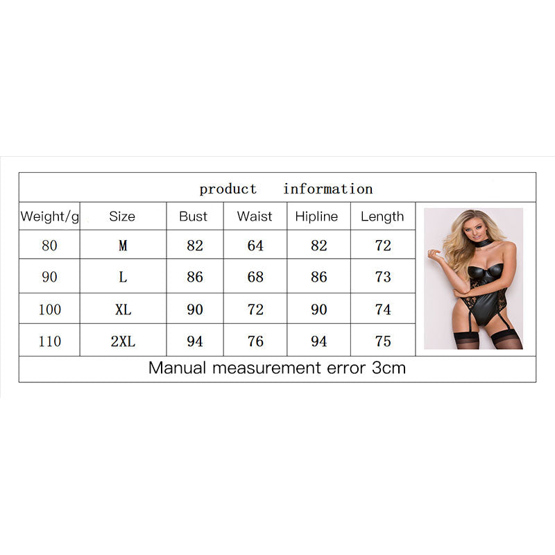 Erotic Sexy Female Bodysuit Lingerie Backless Body Suit Lace PU Stitching Hollow Leather Sexy Lingerie for Women