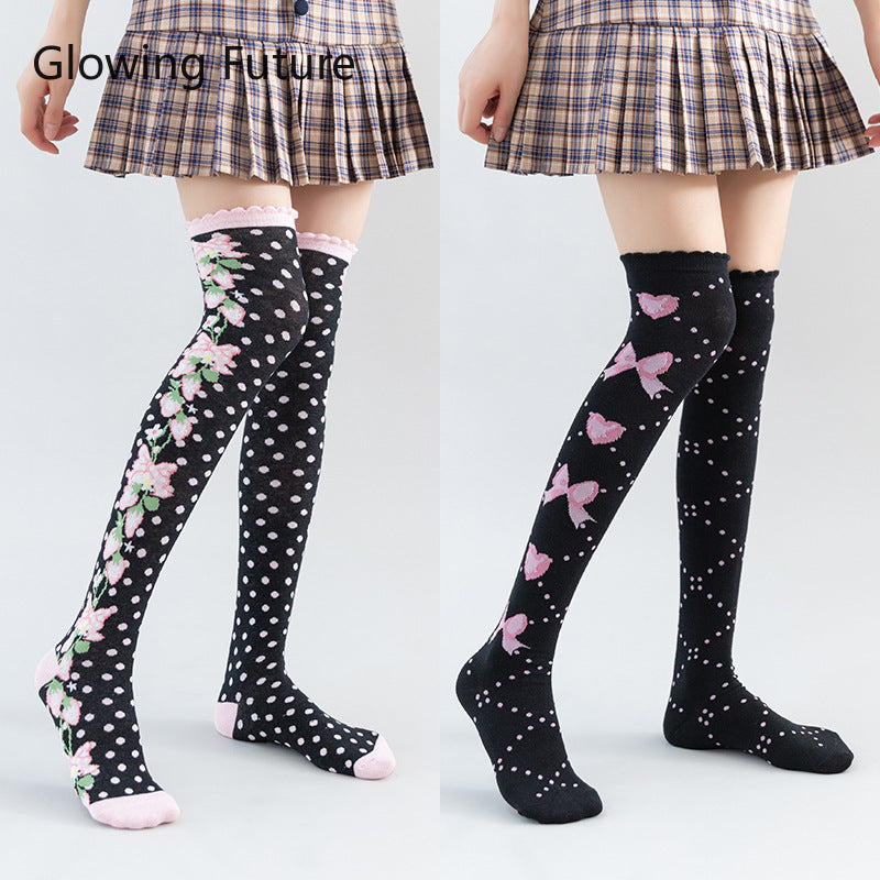 Lolita Cute Lace Flower Thigh High Socks Japanese Cartoon Girl Comfortable Knee High Socks Cotton Fall Winter Long Socks Women