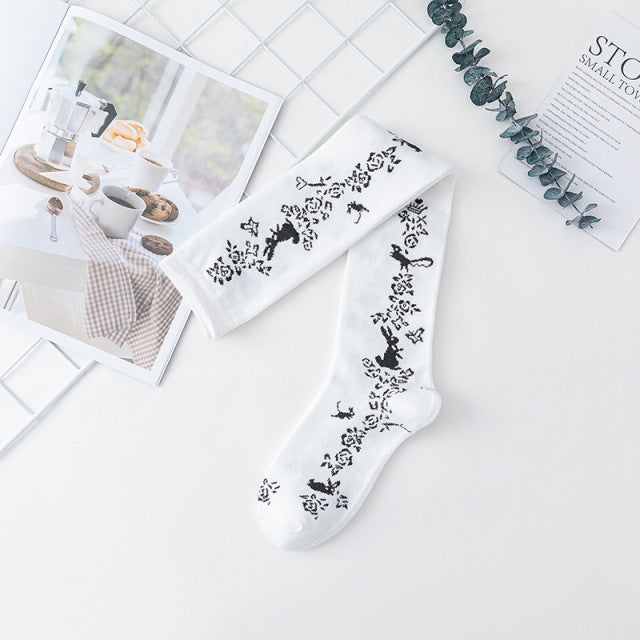 Lolita Cute Lace Flower Thigh High Socks Japanese Cartoon Girl Comfortable Knee High Socks Cotton Fall Winter Long Socks Women