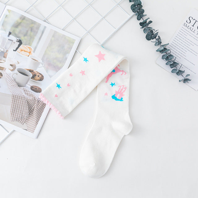 Lolita Cute Lace Flower Thigh High Socks Japanese Cartoon Girl Comfortable Knee High Socks Cotton Fall Winter Long Socks Women