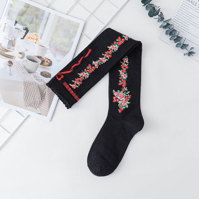 Lolita Cute Lace Flower Thigh High Socks Japanese Cartoon Girl Comfortable Knee High Socks Cotton Fall Winter Long Socks Women