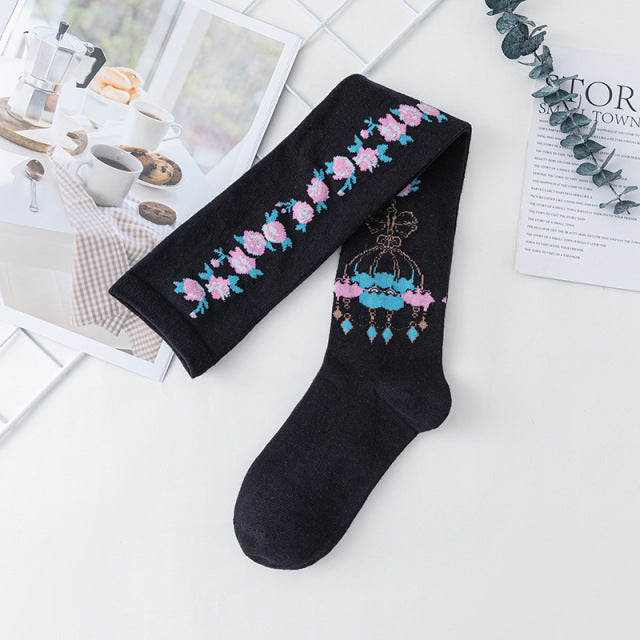Lolita Cute Lace Flower Thigh High Socks Japanese Cartoon Girl Comfortable Knee High Socks Cotton Fall Winter Long Socks Women