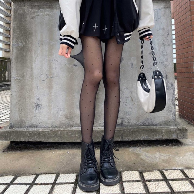 Starry Star Printed Women Tights Black Sexy Pantyhose Transparent Mesh Thin High Elastic Stockings